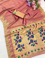 Fancifull Baby Pink Tissue Silk Paithani Saree With Eclat Blouse Piece