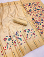 Seraglio Beige Tissue Silk Paithani Saree With Ratatouille Blouse Piece