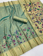 Enigmatic Pista Tissue Silk Paithani Saree With Luminous Blouse Piece