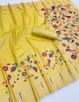 Flamboyant Yellow Tissue Silk Paithani Saree With Amazing Blouse Piece