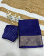 Ailurophile Navy Blue Pure Zari Weaving Banarasi Silk Saree With Quixotic Blouse Piece