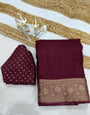 Impressive Wine Pure Zari Weaving Banarasi Silk Saree With Seraphic Blouse Piece