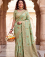 Diaphanous Pista Banarasi Khadi Silk Saree With Girlish Blouse Piece