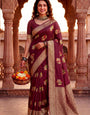 Murmurous Wine Banarasi Khadi Silk Saree With Flameboyant Blouse Piece