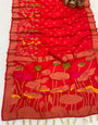 Palimpsest Red Khadi Georgette Banarasi Silk Saree With Engrossing Blouse Piece