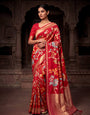 Fairytale Red Khadi Georgette Banarasi Silk Saree With Ethnic Blouse Piece