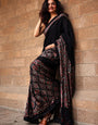 Prettiest Black Ajrakh Printed Mirror Work Satin Silk Saree With Elision Blouse Piece