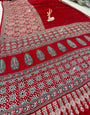 Cynosure Maroon Ajrakh Printed Mirror Work Satin Silk Saree With Classy Blouse Piece