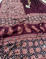Refreshing Purple Ajrakh Printed Mirror Work Satin Silk Saree With Snazzy Blouse Piece