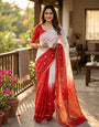 Nemesis Beige and Red Pure Zari Weaving Banarasi Silk Saree With Enamoring Blouse Piece