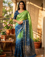 Symmetrical Green and Blue Pure Zari Weaving Banarasi Silk Saree With Radiant Blouse Piece