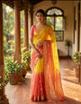 Palimpsest Yellow and Pink Pure Zari Weaving Banarasi Silk Saree With Susurrous Blouse Piece