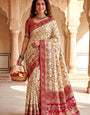 Confounding Beige Pashmina Silk Saree With Flamboyant Blouse Piece