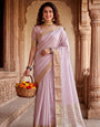 Gorgeous Baby Pink Zari Weaving Linen Silk Saree With Fairytale Blouse Piece