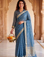 Enthralling Blue Zari Weaving Linen Silk Saree With Propinquity Blouse Piece