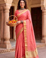 Glamorous Peach Zari Weaving Linen Silk Saree With Deserving Blouse Piece