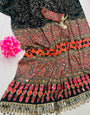Enticing Black Ajrakh Printed Mirror Work Satin Silk Saree With Scintilla Blouse Piece