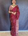 Pleasant Wine Ajrakh Printed Mirror Work Satin Silk Saree With Desirable Blouse Piece