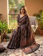 Moiety Black Ajrakh Printed Mirror Work Satin Silk Saree With Magnificat Blouse Piece