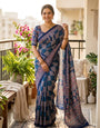 Breathtaking Blue Ajrakh Printed Mirror Work Satin Silk Saree With Wonderful Blouse Piece