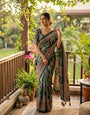 Amazing Dark Green Ajrakh Printed Mirror Work Satin Silk Saree With Traditional Blouse Piece