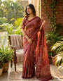 Sophisticated Maroon Ajrakh Printed Mirror Work Satin Silk Saree With Energetic Blouse Piece