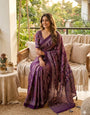 Engrossing Purple Ajrakh Printed Mirror Work Satin Silk Saree With Redolent Blouse Piece