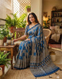 Sonorous Rama Ajrakh Printed Mirror Work Satin Silk Saree With Adorning Blouse Piece
