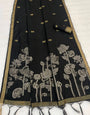 Twirling Black Pure Munga Cotton Silk Saree With Majestic Blouse Piece