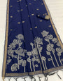 Fairytale Navy Blue Pure Munga Cotton Silk Saree With Seraphic Blouse Piece