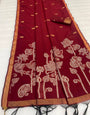 Panache Red Pure Munga Cotton Silk Saree With Ethnic Blouse Piece