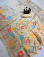 Stunner Off White Banarasi Khadi Silk Saree With Vibrant Blouse Piece