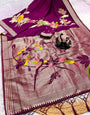Snappy Wine Banarasi Khadi Silk Saree With Embellished Blouse Piece