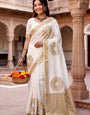 Charismatic Off White Banarasi Khadi Silk Saree With Enticing Blouse Piece