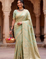 Vibrant Pista Banarasi Khadi Silk Saree With Impressive Blouse Piece