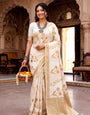 Piquant Off White Banarasi Khadi Silk Saree With Ailurophile Blouse Piece