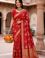 Bewitching Red Banarasi Khadi Silk Saree With Gratifying Blouse Piece