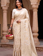 Aplomb Off White Khadi Georgette Banarasi Silk Saree With Desirable Blouse Piece
