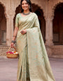 Lovely Pista Khadi Georgette Banarasi Silk Saree With Dissemble Blouse Piece