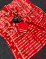 Snappy Red Khadi Georgette Banarasi Silk Saree With Exquisite Blouse Piece