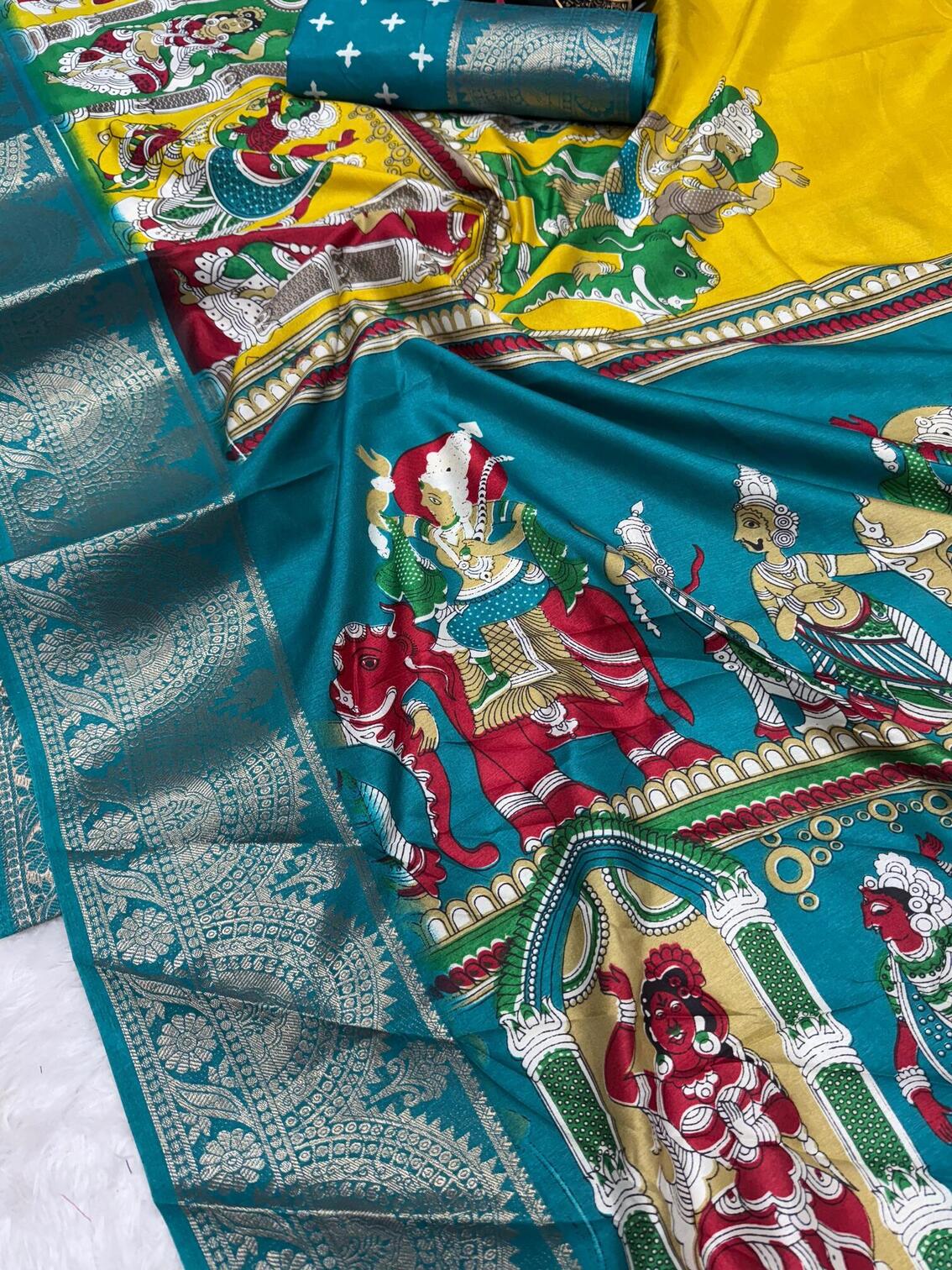 Panoply Yellow Digital Printed Dola Silk Saree With Embrocation Blouse Piece