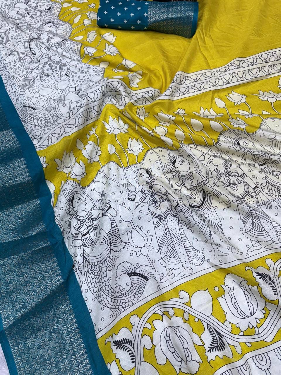 Moiety Yellow Digital Printed Dola Silk Saree With Fugacious Blouse Piece