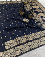 Scintillating Navy Blue Soft Banarasi Silk Saree With Lovely Blouse Piece