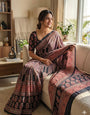 Proficient Black Ajrakh Printed Dola Silk Saree With Ideal Blouse Piece