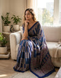 Pretty Blue Ajrakh Printed Dola Silk Saree With Unequalled Blouse Piece