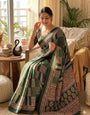 Resplendent Green Ajrakh Printed Dola Silk Saree With Tremendous Blouse Piece