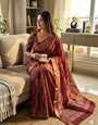 Zephyr Maroon Ajrakh Printed Dola Silk Saree With Evocative Blouse Piece