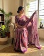 Mesmeric Purple Ajrakh Printed Dola Silk Saree With Embrocation Blouse Piece