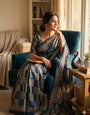 Devastating Rama Ajrakh Printed Dola Silk Saree With Piquant Blouse Piece