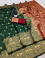 Embrocation Dark Green Soft Silk Saree With Verdant Blouse Piece